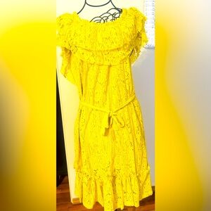 Sharagano Yellow Floral Lace Off Shoulder Belted Sheath Midi Dress.